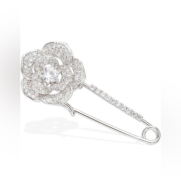 Cubic Zirconia Rose Flower Cardigan Sweater Safety Pin Brooch - Picture 3 of 7